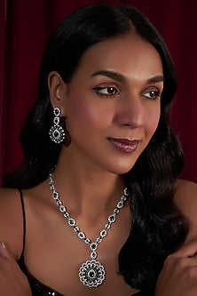 White Finish Zircon & Stone Long Necklace Set