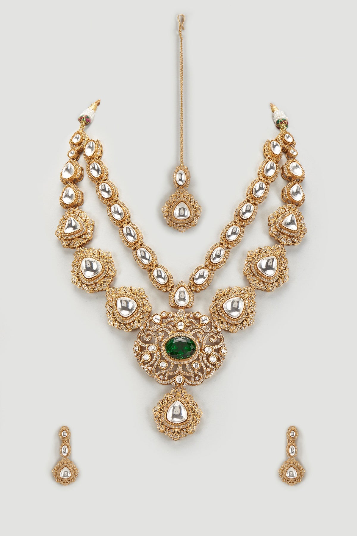 Gold Finish Emerald Stone & Kundan Polki Long Layered Necklace Set