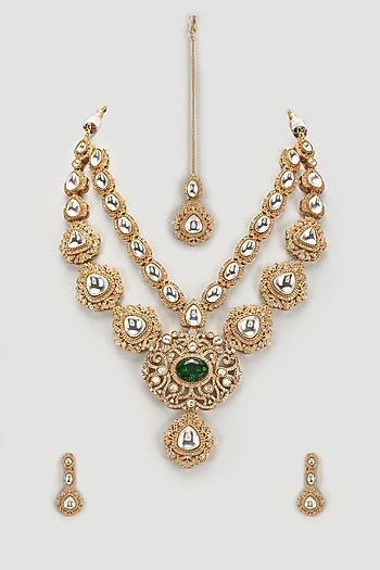 Gold Finish Emerald Stone & Kundan Polki Long Layered Necklace Set