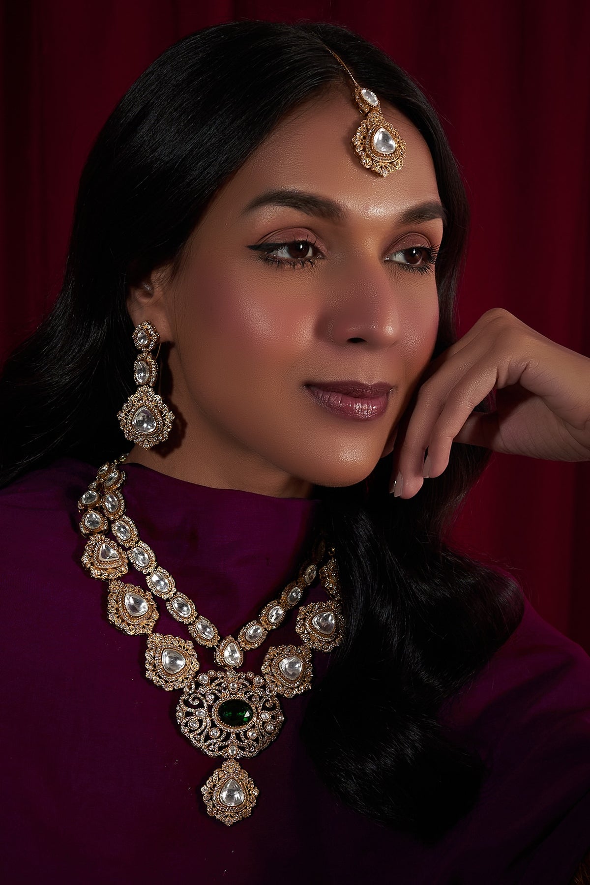 Gold Finish Emerald Stone & Kundan Polki Long Layered Necklace Set