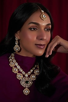 Gold Finish Emerald Stone & Kundan Polki Long Layered Necklace Set