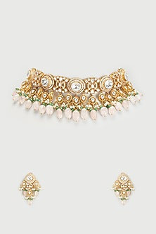 Gold Finish Kundan Polki & Pink Beaded Choker Necklace Set