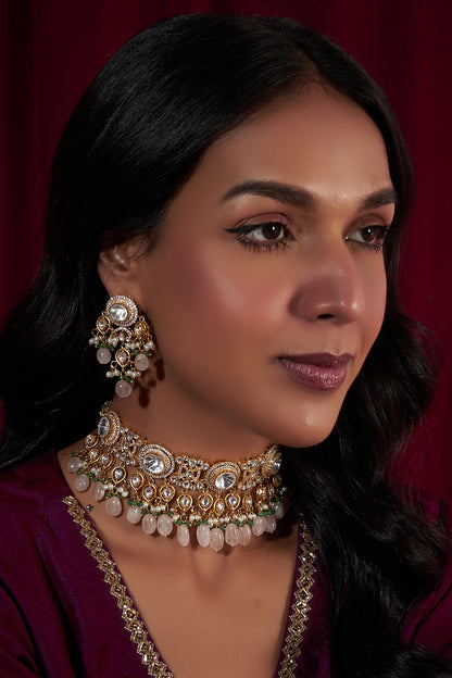 Gold Finish Kundan Polki & Pink Beaded Choker Necklace Set