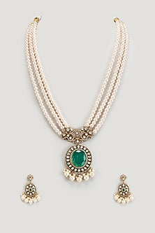 Gold Finish Emerald Stone & Pearl Long Necklace Set