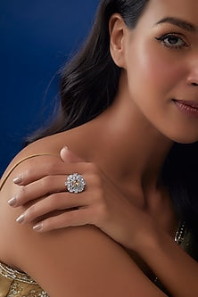 White Finish Zircon & Peach Stone Ring