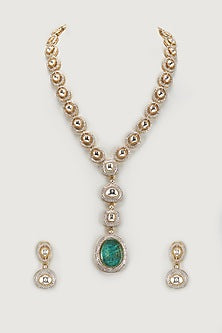 Gold Finish Kundan Polki & Zircon Long Necklace Set