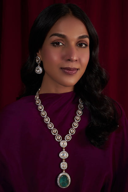 Gold Finish Kundan Polki & Zircon Long Necklace Set