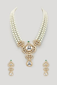 Gold Finish Kundan Polki & Pearl Long Necklace Set