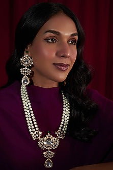 Gold Finish Kundan Polki & Pearl Long Necklace Set