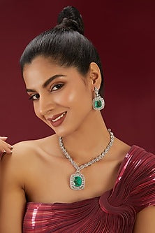 White Finish Zircon & Mint Green Stone Long Necklace Set