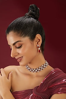 White Finish Zircon & Ruby Stone Choker Necklace Set