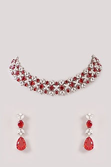 White Finish Zircon & Ruby Stone Choker Necklace Set