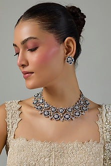 White Gold Finish Zircon & Blue Sapphire Stone Necklace Set
