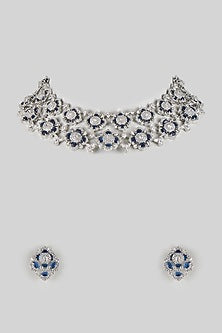 White Gold Finish Zircon & Blue Sapphire Stone Necklace Set