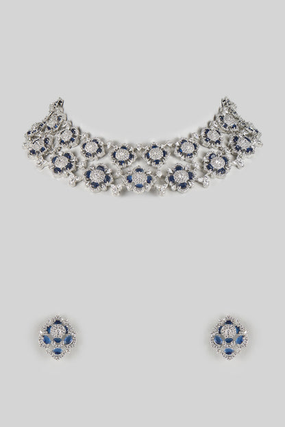 White Gold Finish Zircon & Blue Sapphire Stone Necklace Set