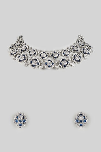 White Gold Finish Zircon & Blue Sapphire Stone Necklace Set
