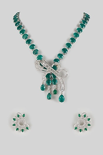 White Gold Finish Zircon & Emerald Stone Necklace Set