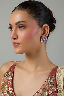 Gold Finish Purple Swarovski Stone Stud Earrings