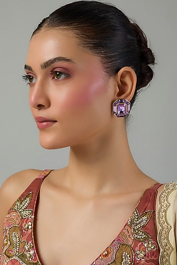 Gold Finish Purple Swarovski Stone Stud Earrings