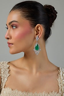 White Gold Finish Zircon & Emerald Stone Dangler Earrings