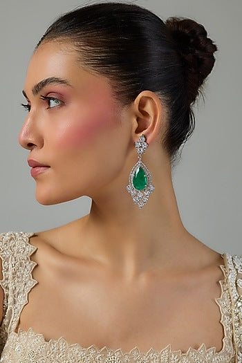 White Gold Finish Zircon & Emerald Stone Dangler Earrings