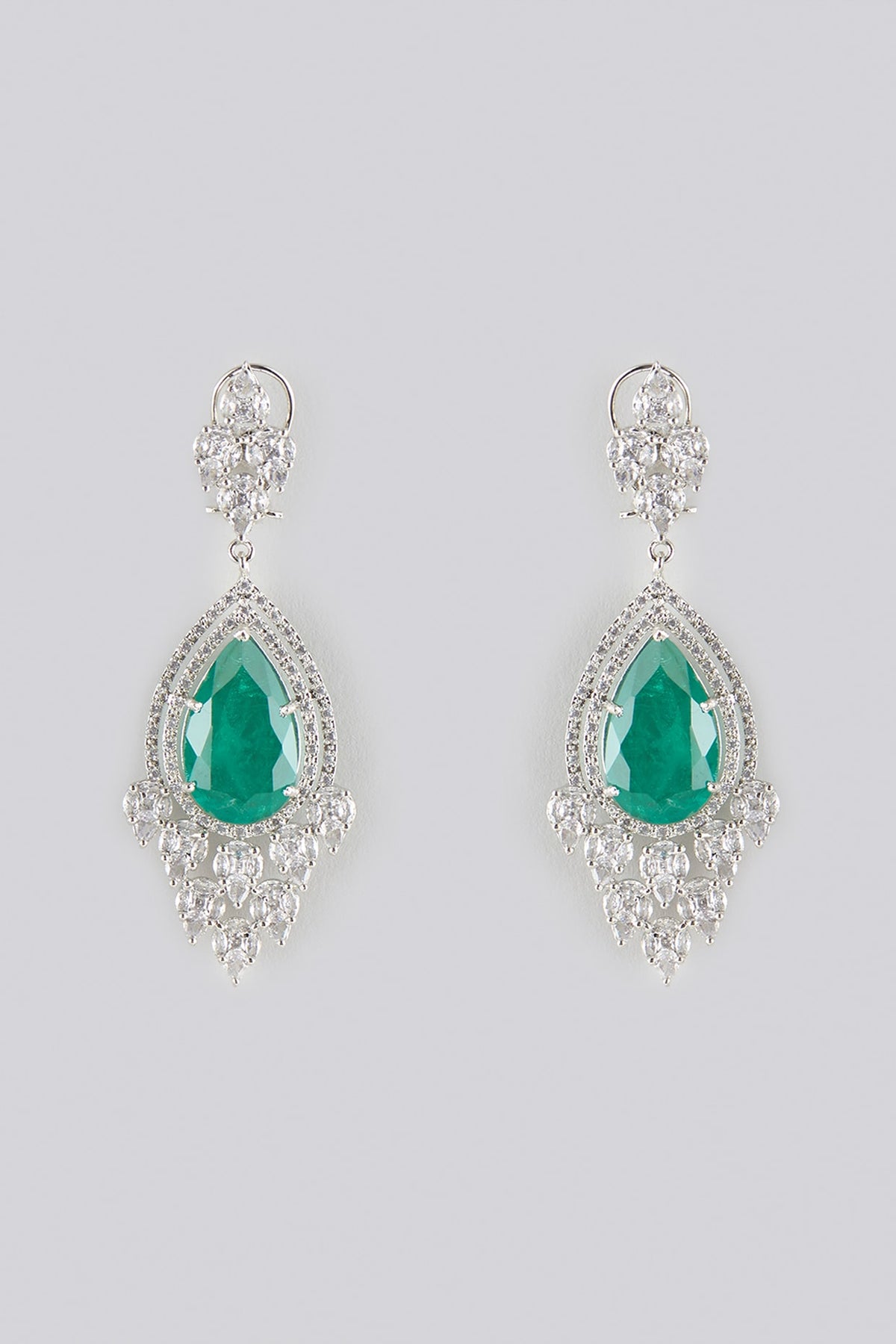 White Gold Finish Zircon & Emerald Stone Dangler Earrings