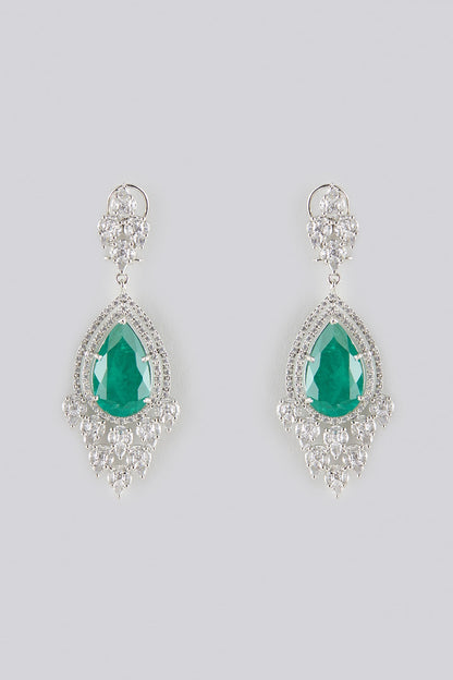 White Gold Finish Zircon & Emerald Stone Dangler Earrings