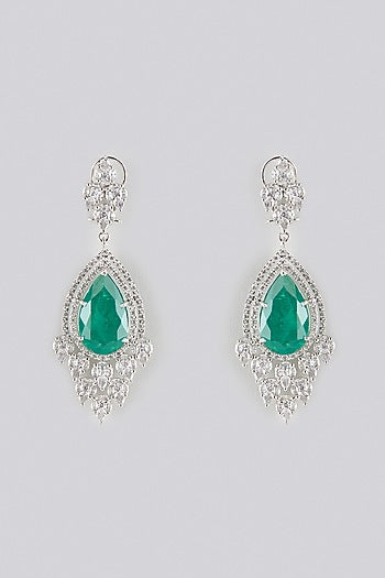 White Gold Finish Zircon & Emerald Stone Dangler Earrings