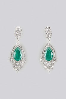 White Gold Finish Zircon & Emerald Stone Dangler Earrings