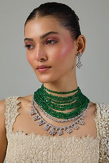 White Gold Finish Zircon & Emerald Beaded Layered Necklace Set