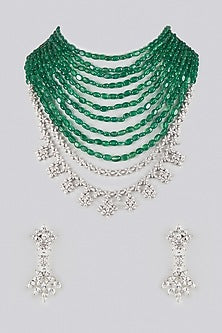 White Gold Finish Zircon & Emerald Beaded Layered Necklace Set