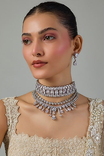 White Gold Finish Zircon Layered Necklace Set