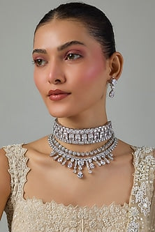White Gold Finish Zircon Layered Necklace Set