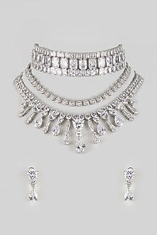 White Gold Finish Zircon Layered Necklace Set