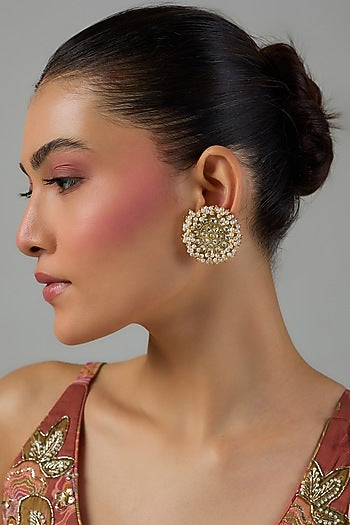 Gold Finish Kundan Polki & Pearl Stud Earrings