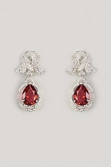 White Finish Red Stone & Zircon Dangler Earrings