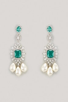 White Finish Aqua Stone & Zircon Dangler Earrings