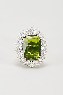 White Finish Green Stone & Zircon Oval Ring