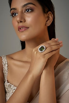 White Finish Green Stone & Zircon Oval Ring
