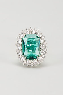 White Finish Teal Stone & Zircon Oval Ring