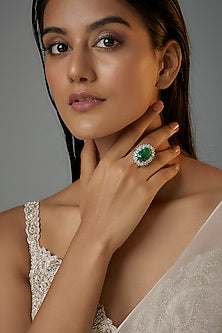 White Finish Teal Stone & Zircon Oval Ring