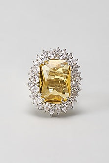 White Finish Yellow Stone & Zircon Oval Ring