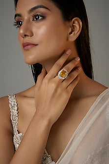 White Finish Yellow Stone & Zircon Oval Ring