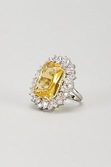 White Finish Yellow Stone & Zircon Oval Ring