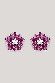 White Finish Dark Pink Zircon Floral Stud Earrings