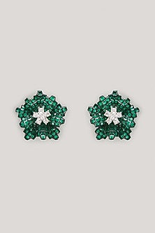 White Finish Green Zircon Floral Stud Earrings