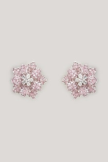 White Finish Pink Zircon Floral Stud Earrings