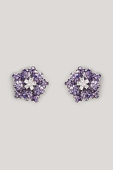 White Finish Dark Purple Zircon Floral Stud Earrings