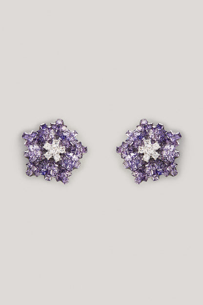 White Finish Dark Purple Zircon Floral Stud Earrings