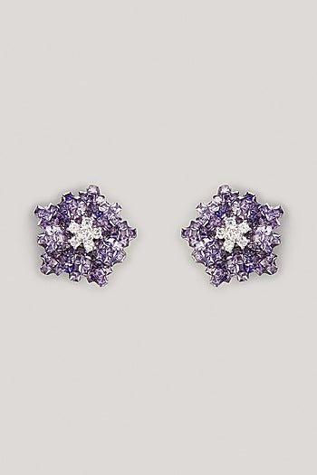 White Finish Dark Purple Zircon Floral Stud Earrings
